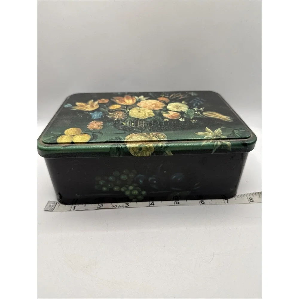 Massilly France Decorative Collectible Tin w/Hinged Lid Black w/Flowers & Fruit